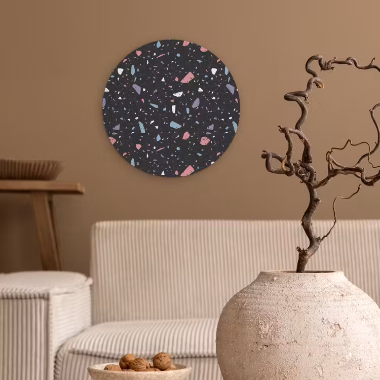 Terrazzo - Patroon - Zwart - Zacht Wandcirkel plexiglas klein 852 -sfeer1