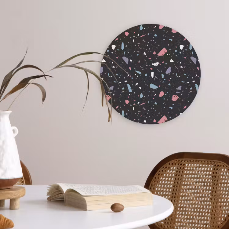Terrazzo - Patroon - Zwart - Zacht Wandcirkel plexiglas klein 852 -sfeer4