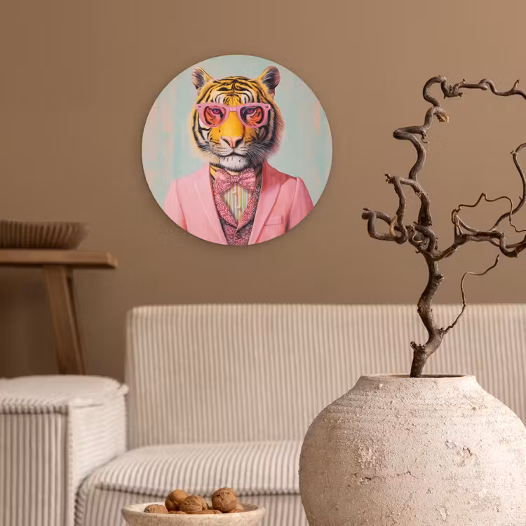 Tijger - Strik - Jasje - Roze Wandcirkel plexiglas klein -sfeer1