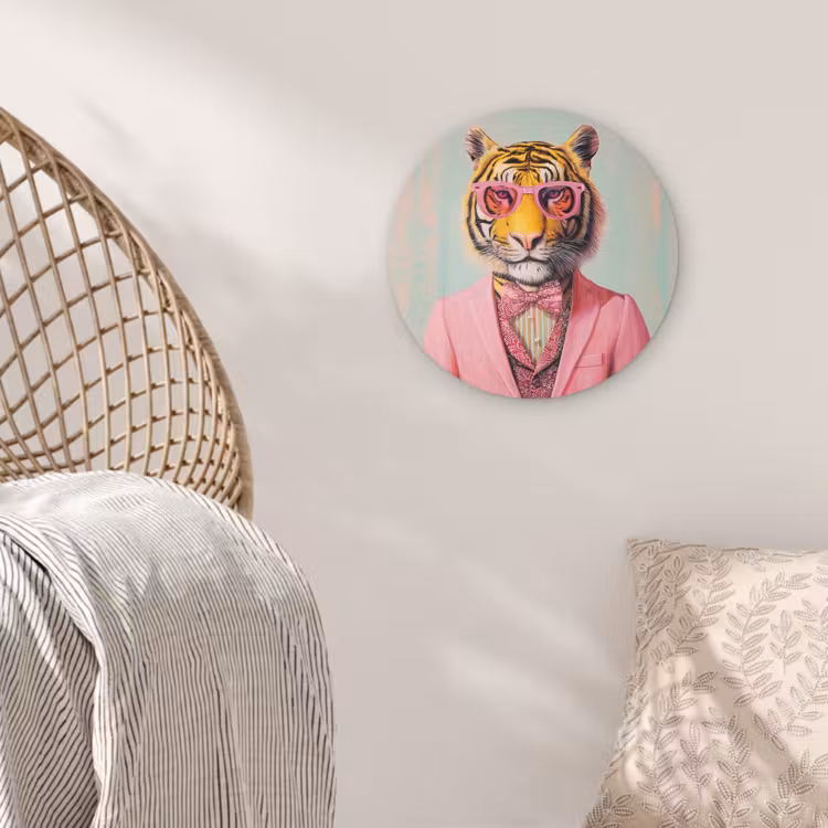 Tijger - Strik - Jasje - Roze Wandcirkel plexiglas klein -sfeer5