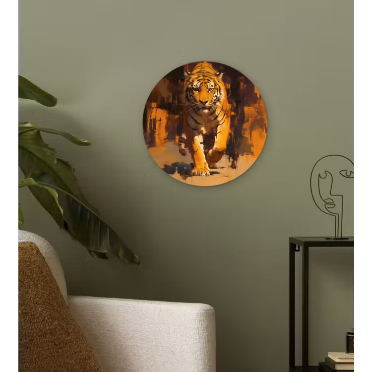 Tijger - Geschilderd - Oranje - Penseelstreken Wandcirkel plexiglas klein -sfeer3