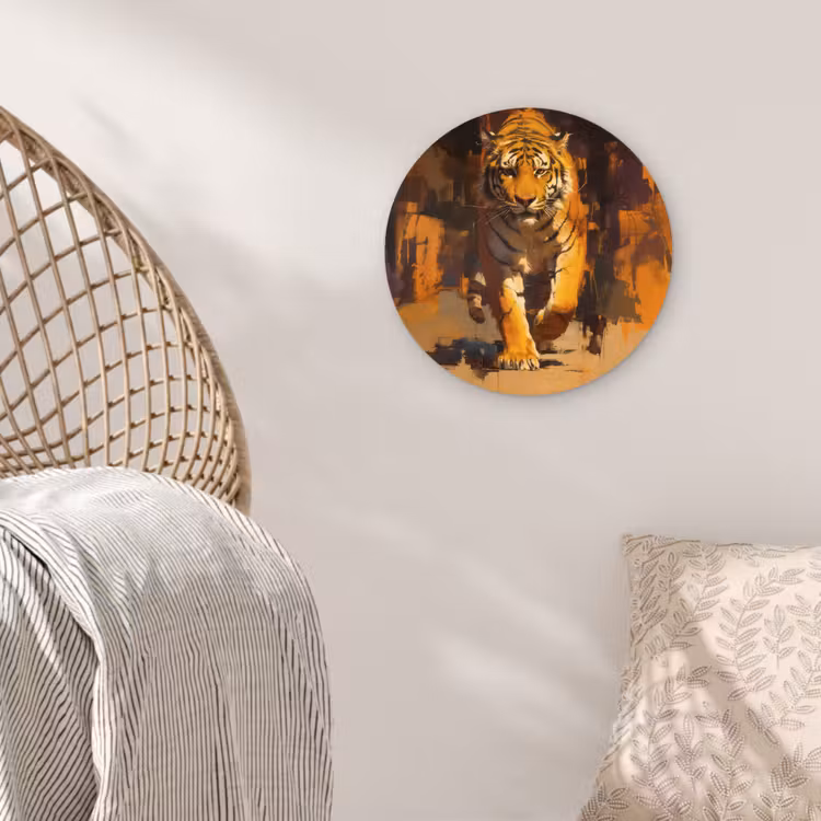 Tijger - Geschilderd - Oranje - Penseelstreken Wandcirkel plexiglas klein -sfeer5