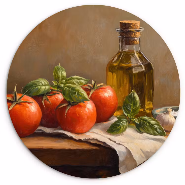 Tomaten - Olijfolie - Stilleven Wandcirkel plexiglas klein -3d