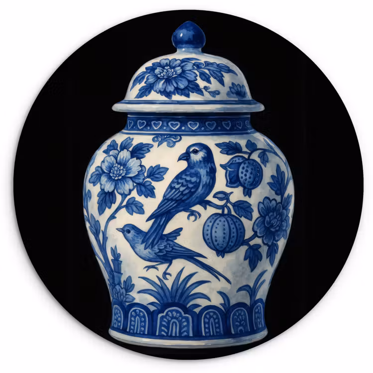 Pot - Delfts Blauw - Bloemen Wandcirkel plexiglas klein -3d