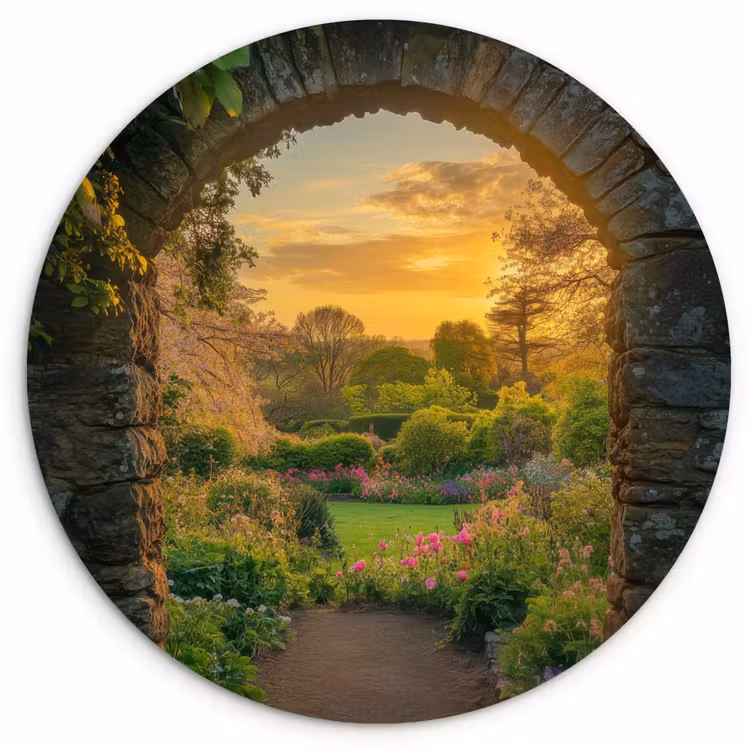 Poort - Planten - Zonsondergang Wandcirkel plexiglas klein -3d