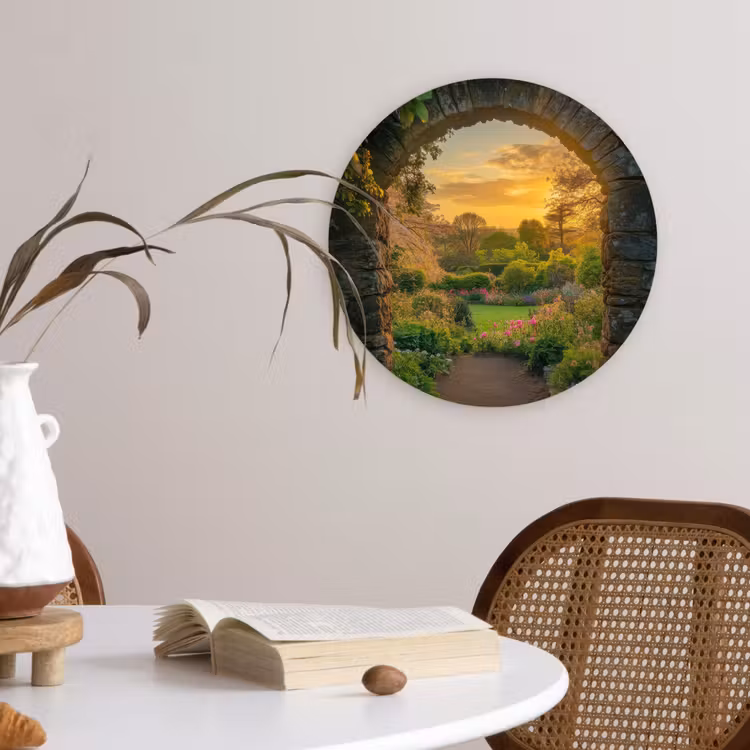 Poort - Planten - Zonsondergang Wandcirkel plexiglas klein -sfeer4