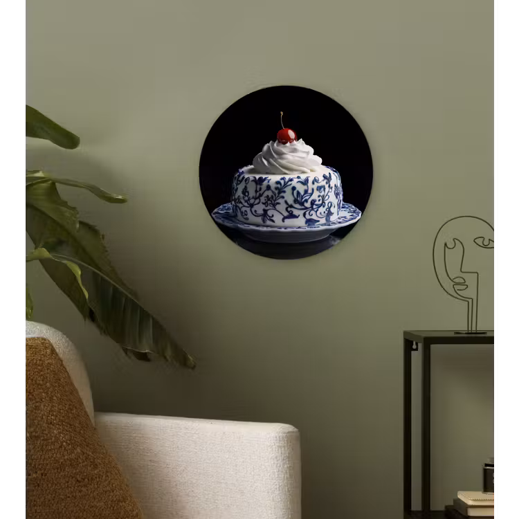 Taart - Slagroom - Kers - Bord - Delfts blauw Wandcirkel plexiglas klein -sfeer3