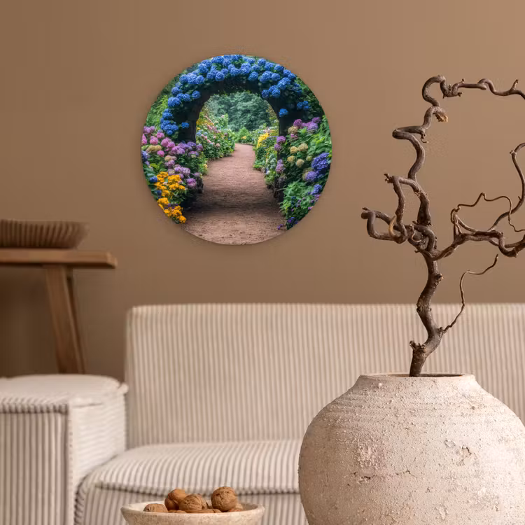Doorkijk - Bloemen - Hortensia - Pad Wandcirkel plexiglas klein -sfeer1