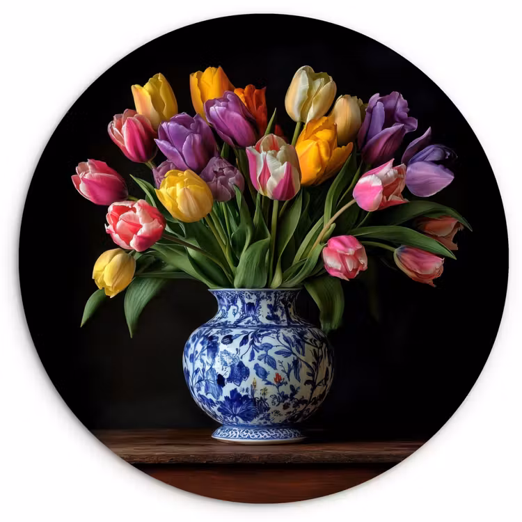 Tulpen - Kleuren - Hout - Vaas Wandcirkel plexiglas klein -3d
