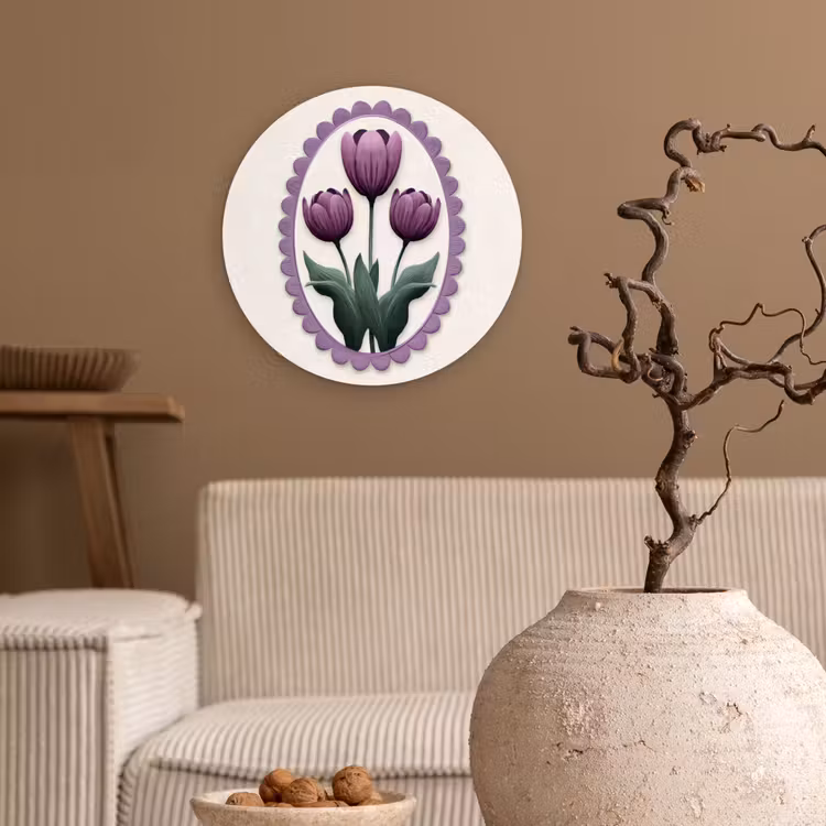 Tulpen - Paars - Lijst - Bladeren Wandcirkel plexiglas klein -sfeer1