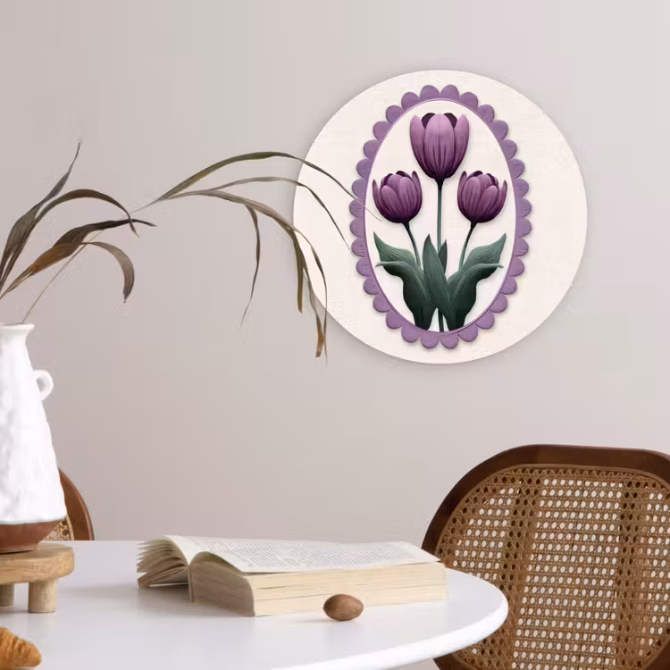 Tulpen - Paars - Lijst - Bladeren Wandcirkel plexiglas klein -sfeer4