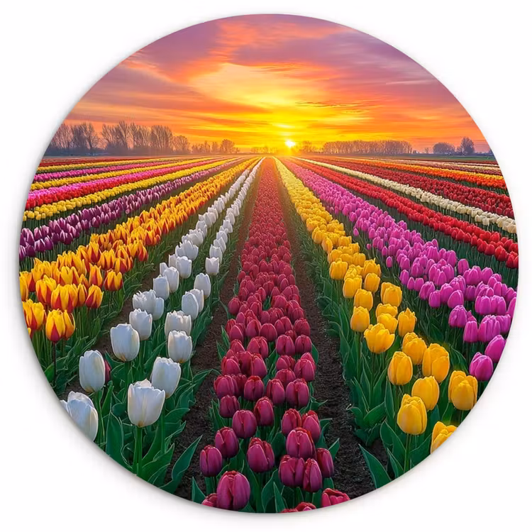 Tulpenveld - Zonsondergang - Kleurrijk Wandcirkel plexiglas klein -3d
