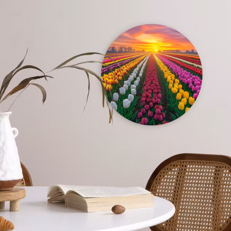 Tulpenveld - Zonsondergang - Kleurrijk Wandcirkel plexiglas klein -sfeer4