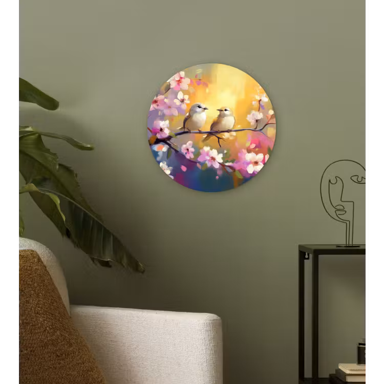 Vogels - Bloemen - Roze Wandcirkel plexiglas klein -sfeer3