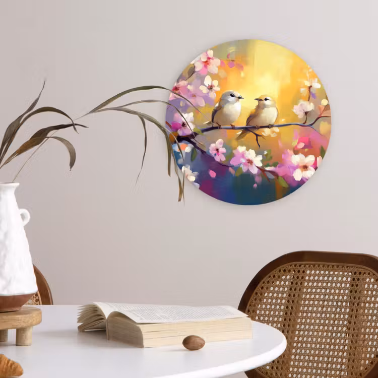 Vogels - Bloemen - Roze Wandcirkel plexiglas klein -sfeer4