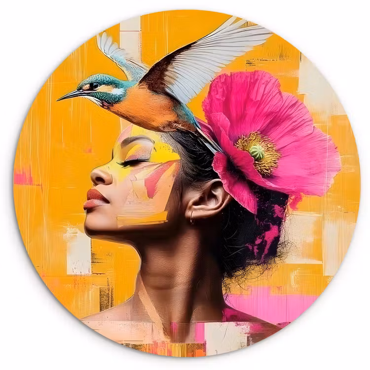Vogel - Vrouw - Abstract - Bloem Wandcirkel plexiglas klein -3d
