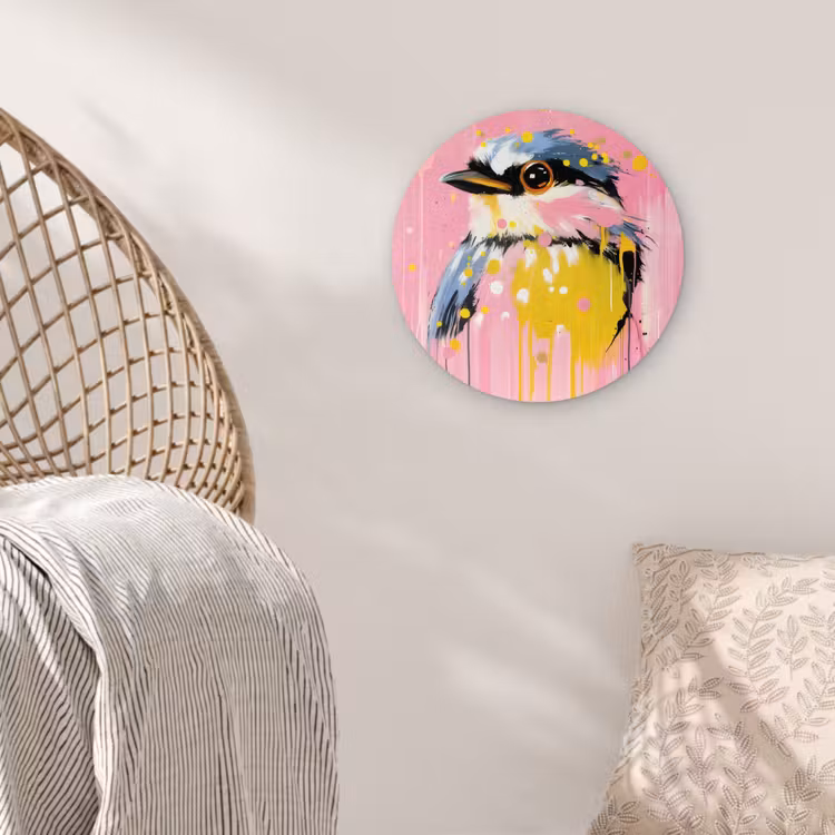 Vogel - Roze - Geel - Blauw Wandcirkel plexiglas klein -sfeer5