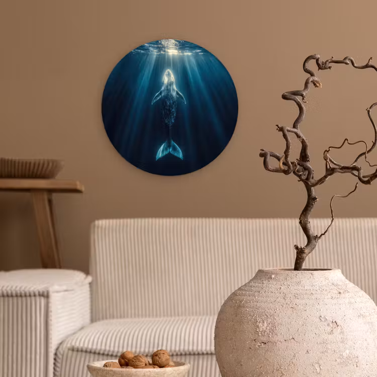 Walvis - Water - Zonnestralen - Blauw Wandcirkel plexiglas klein -sfeer1