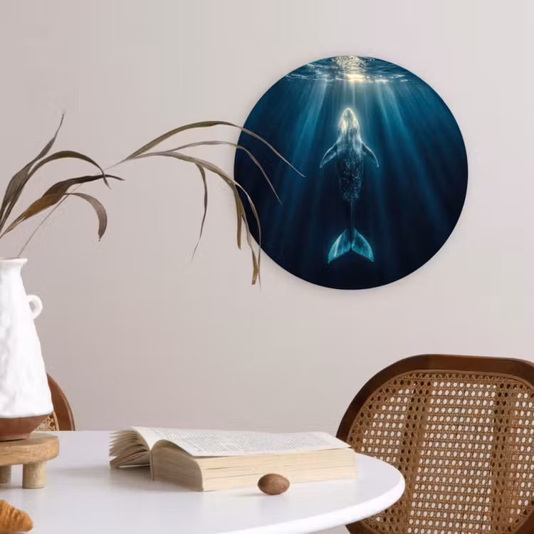 Walvis - Water - Zonnestralen - Blauw Wandcirkel plexiglas klein -sfeer4