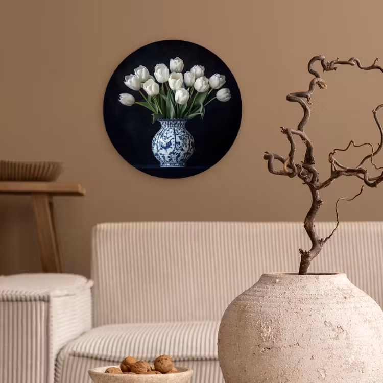 Wit - Bloemen - Tulpen - Vaas Wandcirkel plexiglas klein -sfeer1