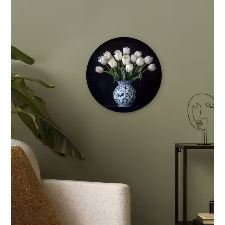 Wit - Bloemen - Tulpen - Vaas Wandcirkel plexiglas klein -sfeer3
