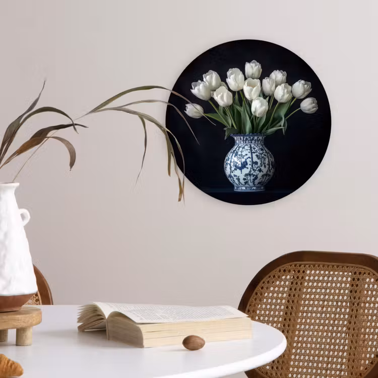 Wit - Bloemen - Tulpen - Vaas Wandcirkel plexiglas klein -sfeer4