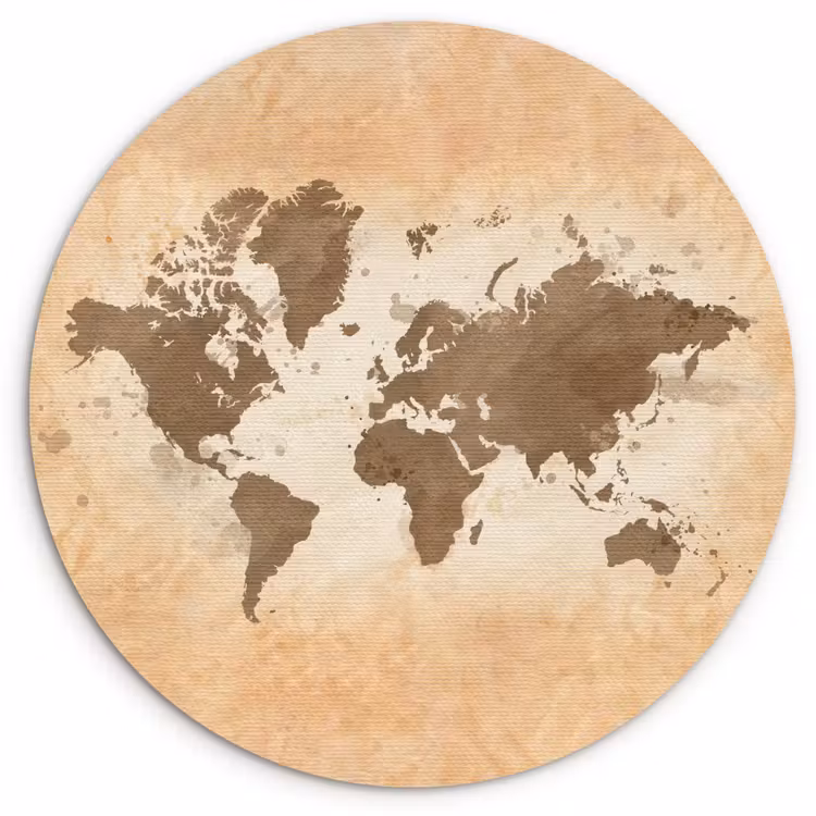 Wereldkaart - Beige - Bruin Wandcirkel plexiglas klein -3d