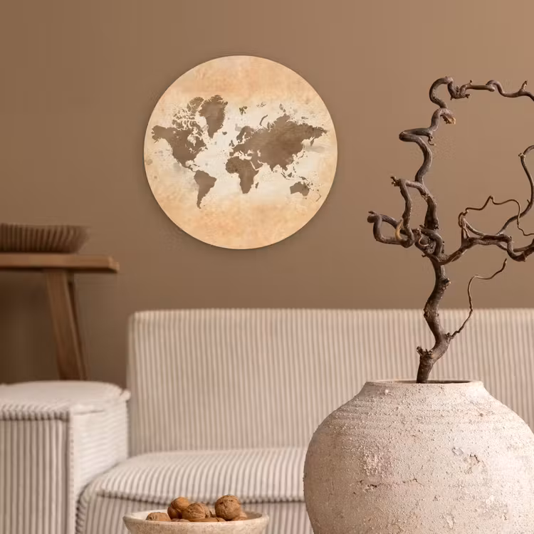 Wereldkaart - Beige - Bruin Wandcirkel plexiglas klein -sfeer1