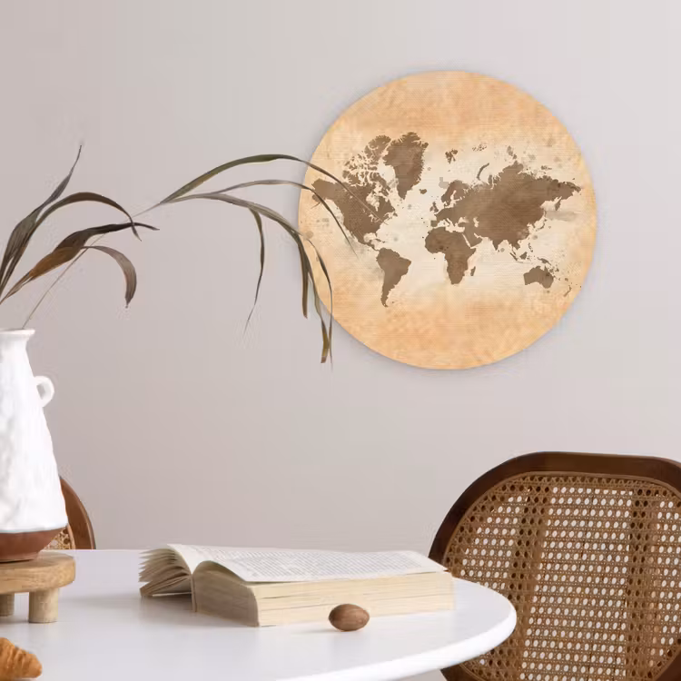 Wereldkaart - Beige - Bruin Wandcirkel plexiglas klein -sfeer4