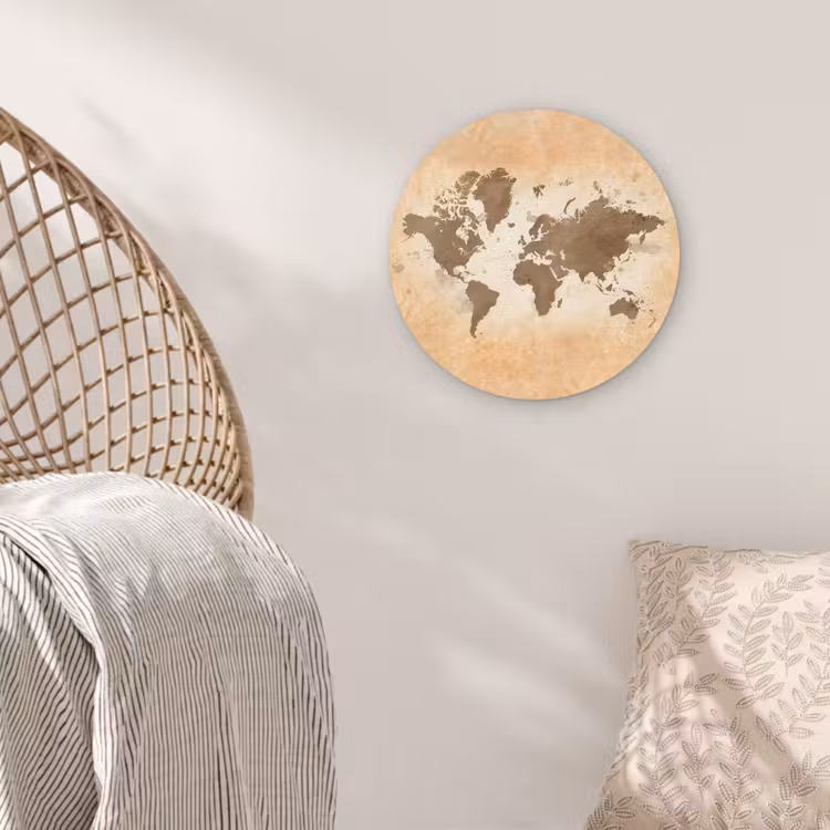 Wereldkaart - Beige - Bruin Wandcirkel plexiglas klein -sfeer5