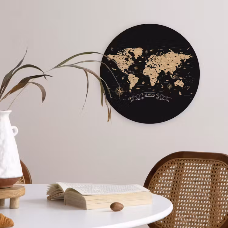 Wereldkaart - Beige - Zwart Wandcirkel plexiglas klein -sfeer4