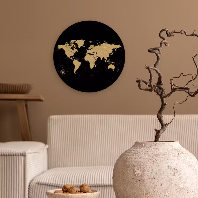 Wereldkaart - Beige - Zwart Wandcirkel plexiglas klein -sfeer1