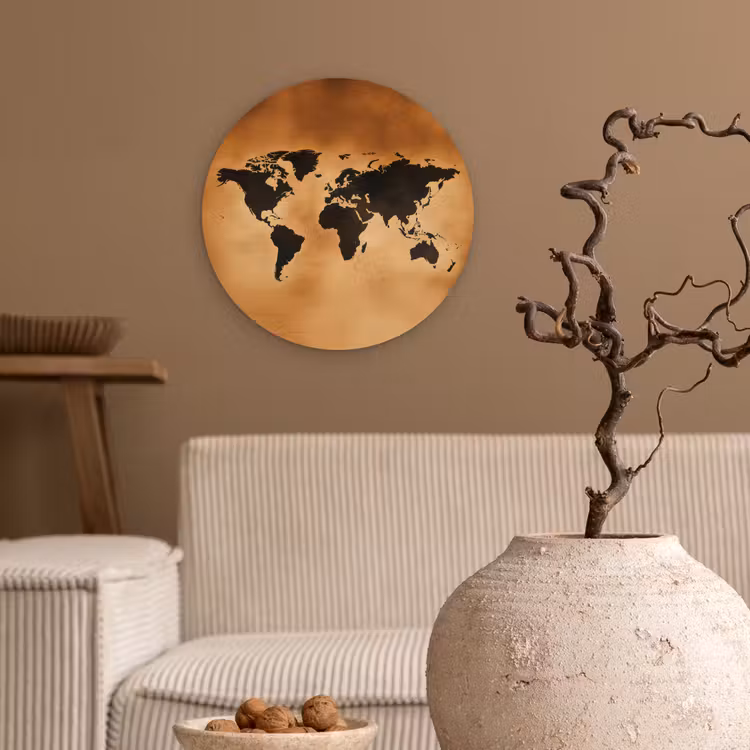 Wereldkaart - Bruin - Kaart Wandcirkel plexiglas klein -sfeer1