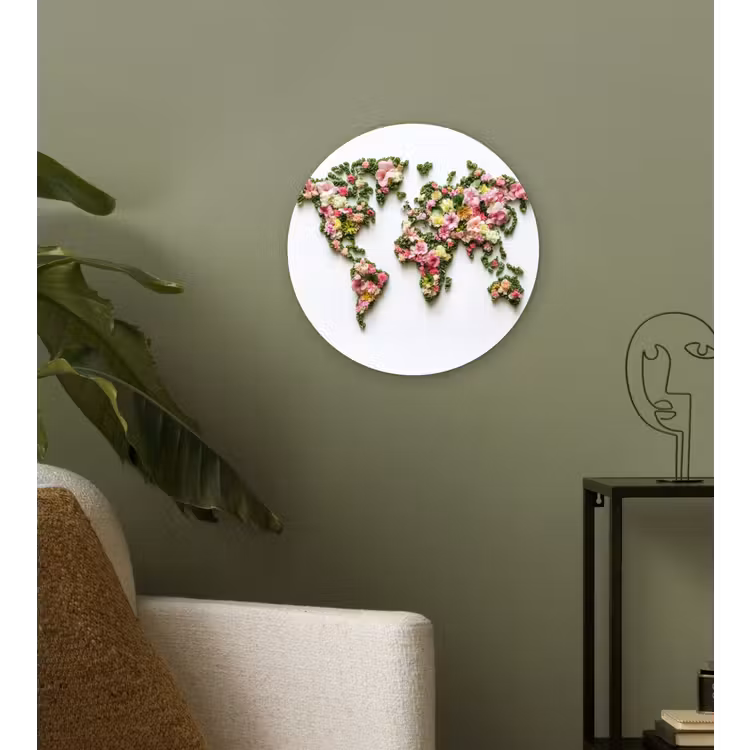 Wereldkaart - Kleurrijk - Bloemen - Lente Wandcirkel plexiglas klein -sfeer3