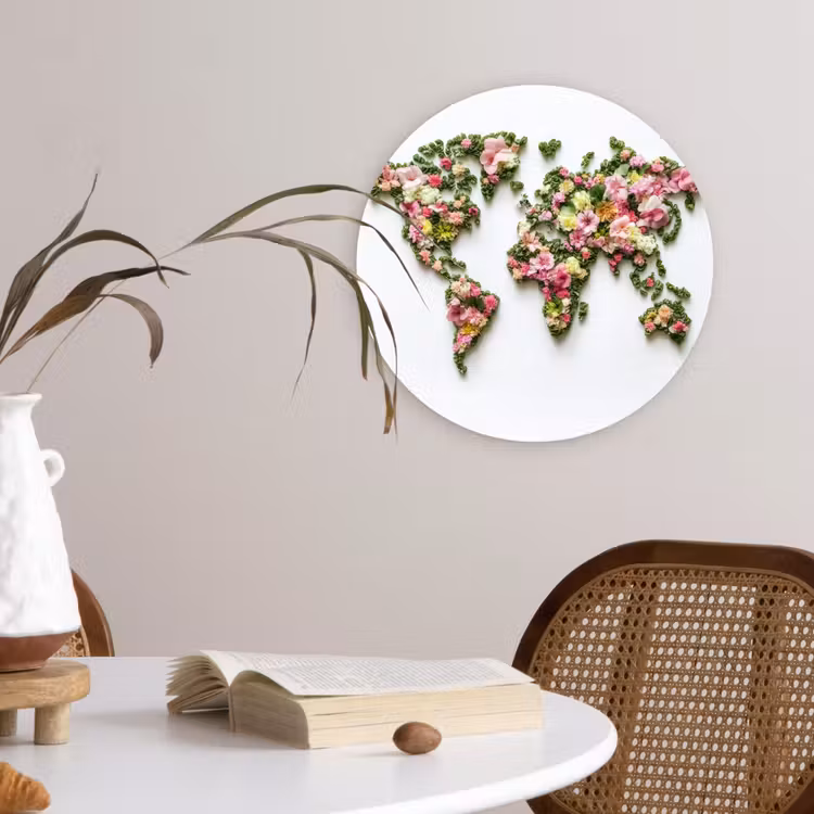 Wereldkaart - Kleurrijk - Bloemen - Lente Wandcirkel plexiglas klein -sfeer4