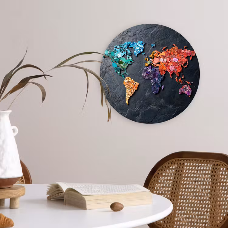 Wereldkaart - Edelstenen - Regenboog - Ruw Wandcirkel plexiglas klein -sfeer4