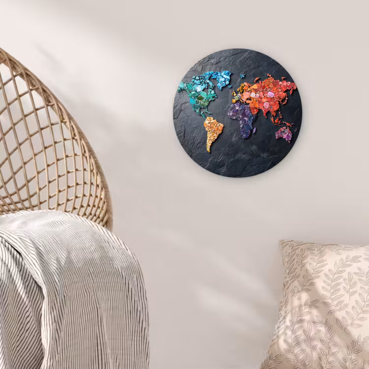 Wereldkaart - Edelstenen - Regenboog - Ruw Wandcirkel plexiglas klein -sfeer5