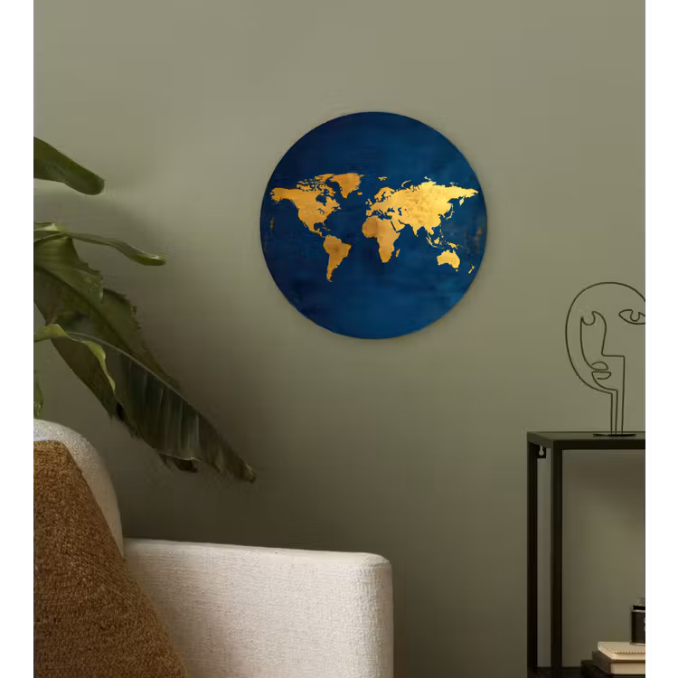 Wereldkaart - Goud - Donkerblauw Wandcirkel plexiglas klein -sfeer3