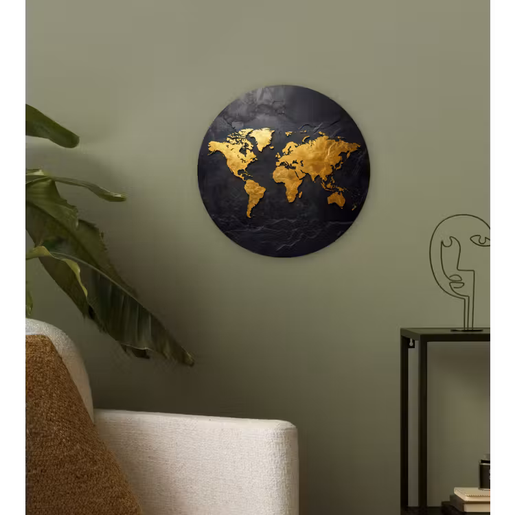 Wereldkaart - Goud - Steen Wandcirkel plexiglas klein -sfeer3