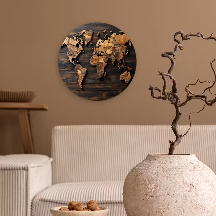 Wereldkaart - Hout - Mozaïek Wandcirkel plexiglas klein -sfeer1