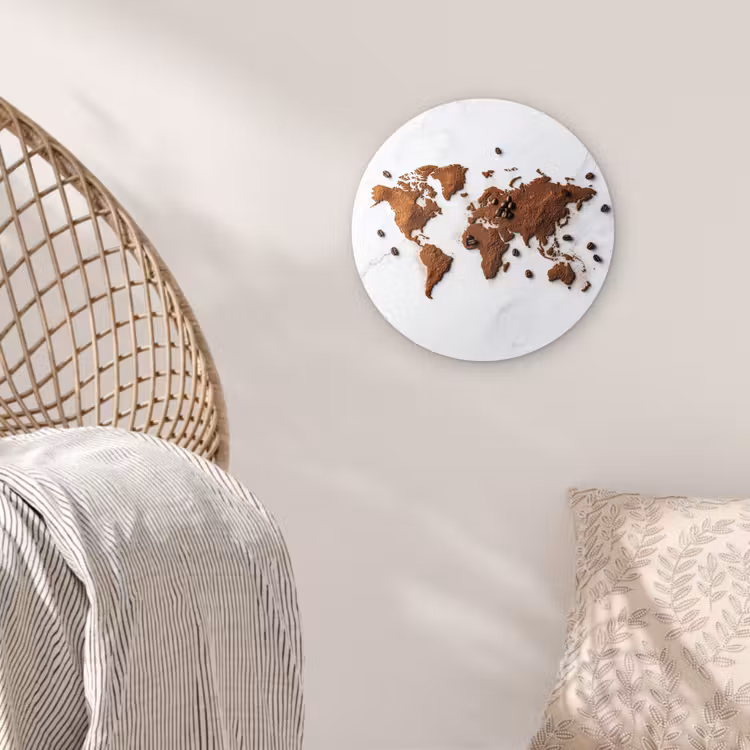 Wereldkaart - Koffie - Marmer Wandcirkel plexiglas klein -sfeer5