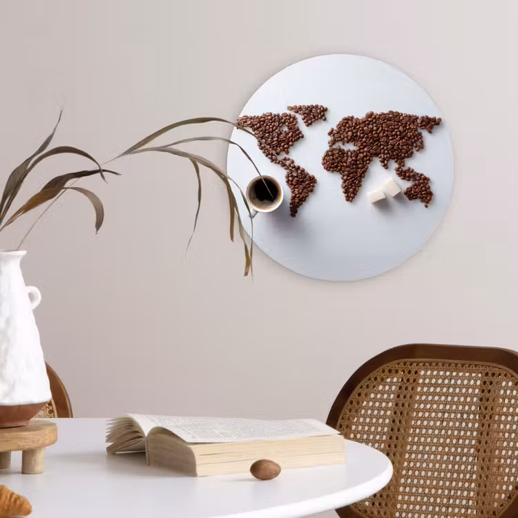Wereldkaart - Koffiebonen - Suikerklontjes Wandcirkel plexiglas klein -sfeer4