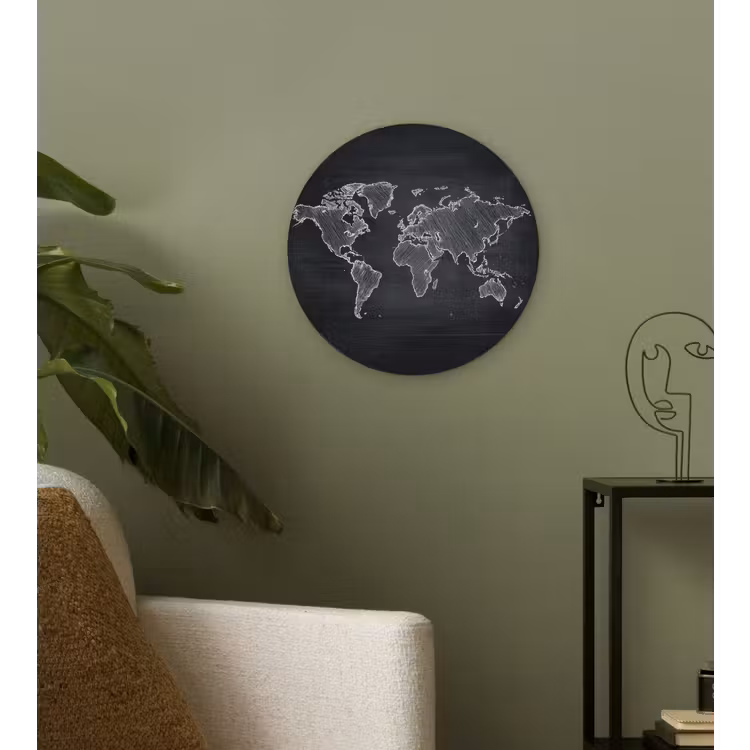Wereldkaart - Krijt - Zwart - minimalistisch Wandcirkel plexiglas klein -sfeer3
