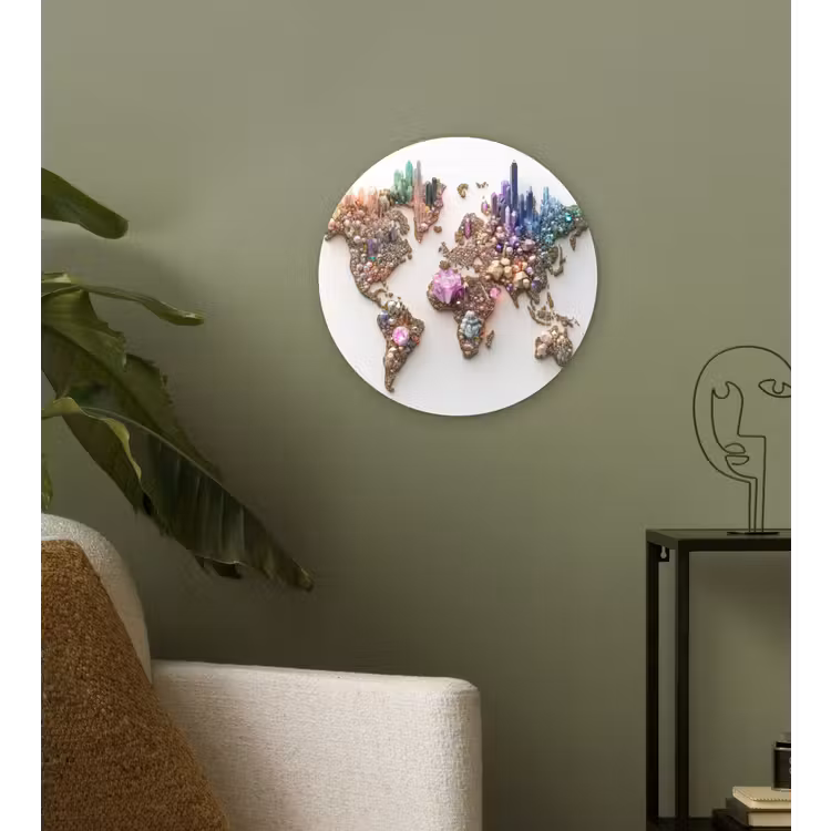 Wereldkaart - Kristallen - Unieke tinten Wandcirkel plexiglas klein -sfeer3