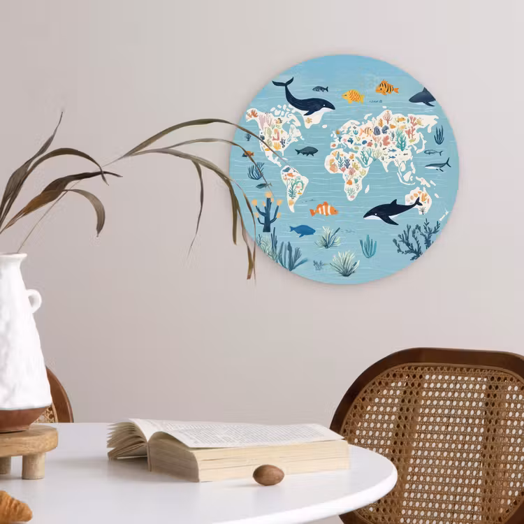 Wereldkaart - Zeeleven - Blauw Wandcirkel plexiglas klein -sfeer4