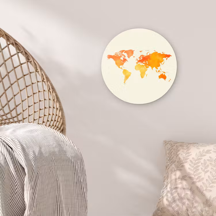 Wereldkaart - Oranje - Kleurrijk Wandcirkel plexiglas klein -sfeer5