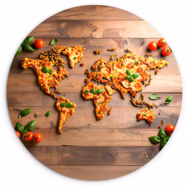 Wereldkaart - Pizza - Houten ondergrond Wandcirkel plexiglas klein -3d