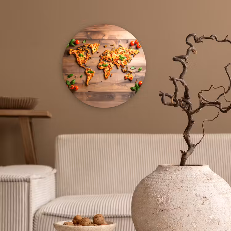 Wereldkaart - Pizza - Houten ondergrond Wandcirkel plexiglas klein -sfeer1