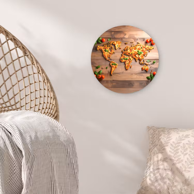 Wereldkaart - Pizza - Houten ondergrond Wandcirkel plexiglas klein -sfeer5