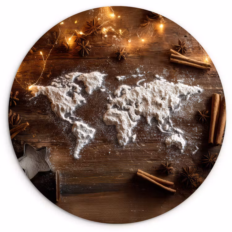 Wereldkaart - Poedersuiker - Hout Wandcirkel plexiglas klein -3d